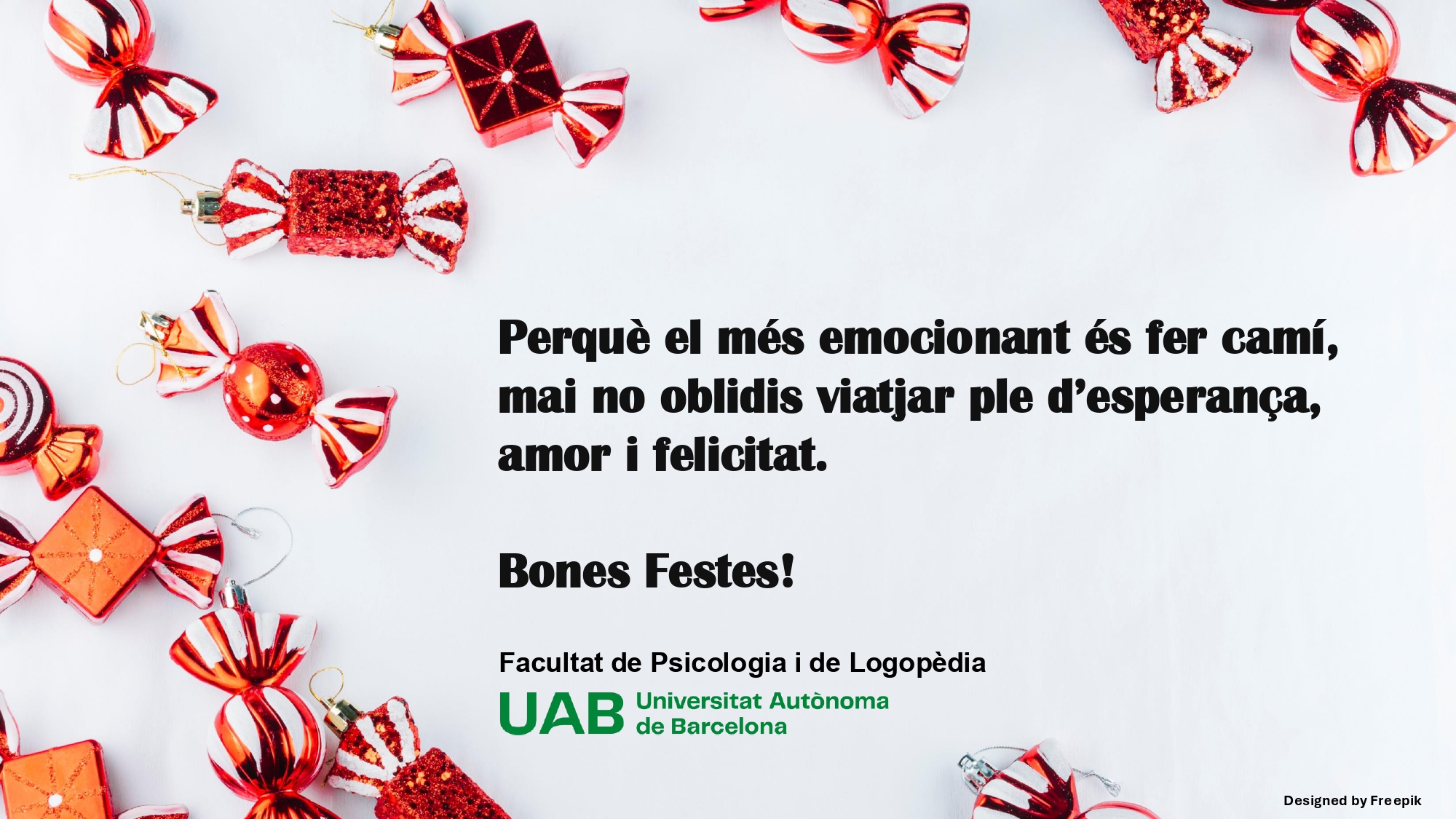 Felicitacio de Nadal de un fons blanc amb uns caramels vermellsper sobre